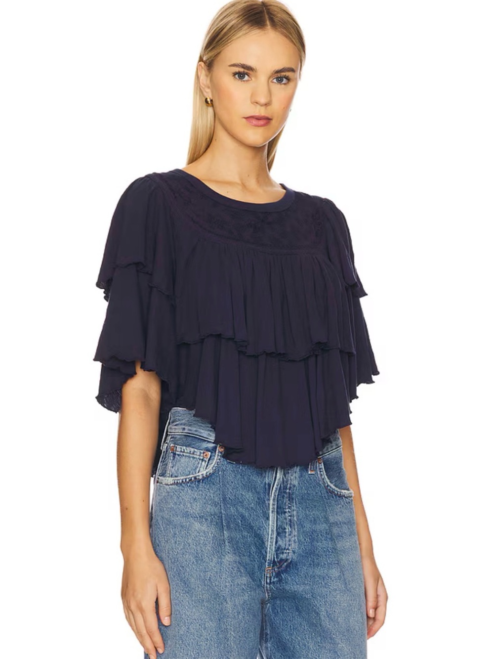 NWT Free People Rose Party Tee Small Navy Embroidered Ruffle Boho Cotton